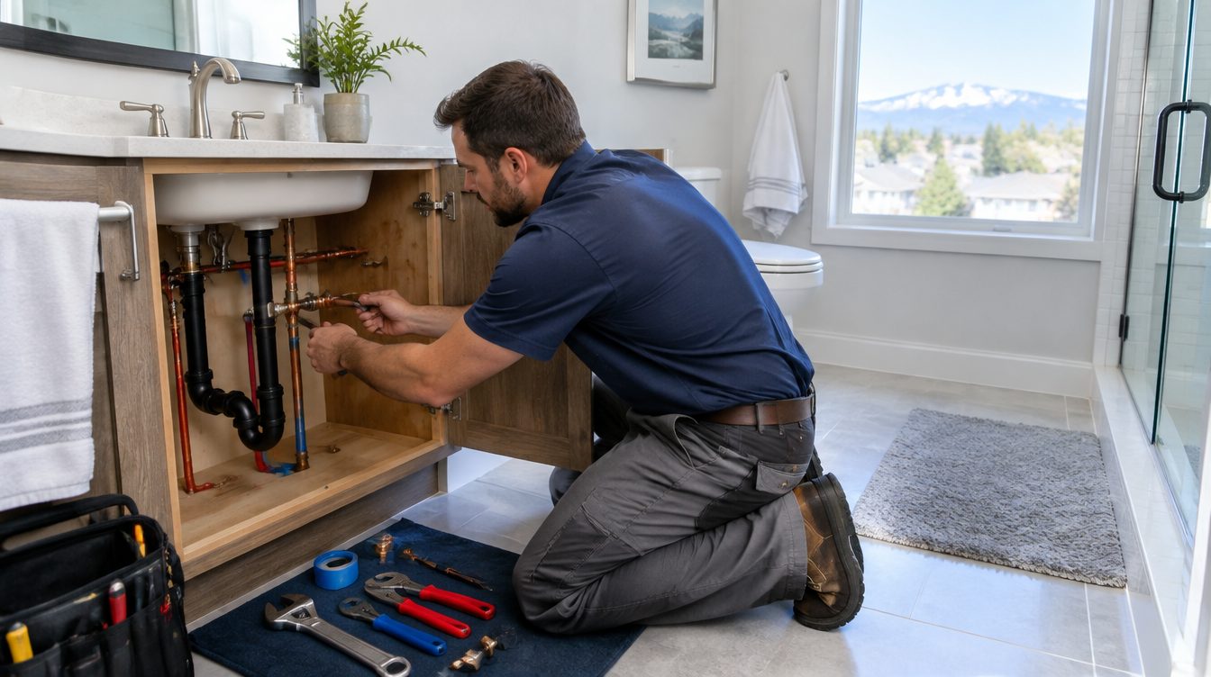 Illustrative under-sink plumbing repair imagery (AI-generated filler, not an Anderson job photo)